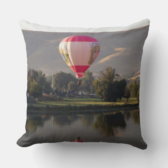 Hot air balloon over the Yakima River Throw Pillow (Front)
