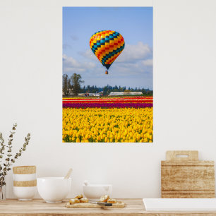 Hot air balloon over Tulips field in Portland  Poster