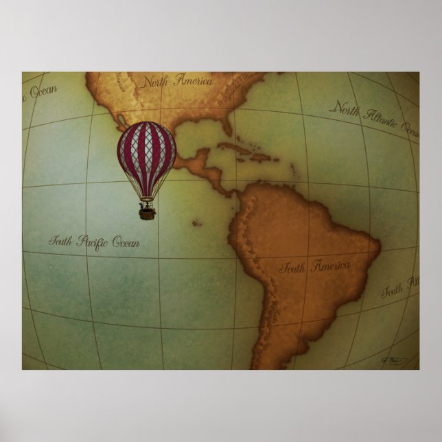 Hot Air Balloon Over Western Hemisphere Map Large Poster (Front)