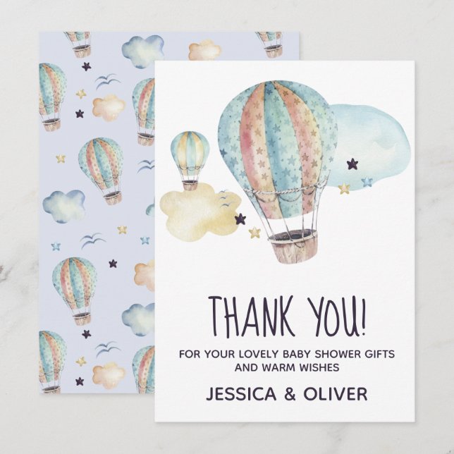 Hot Air Balloon Party in Blue Thank You Card (Front/Back)