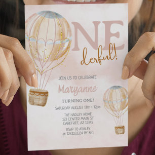 Hot Air Balloon Pink Boho 1st Birthday Invitation