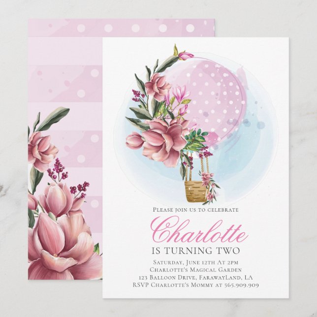 Hot Air Balloon Pink Floral Birthday Invitation (Front/Back)