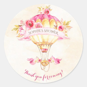 Hot Air Balloon Pink Gold Yellow Roses Classic Round Sticker