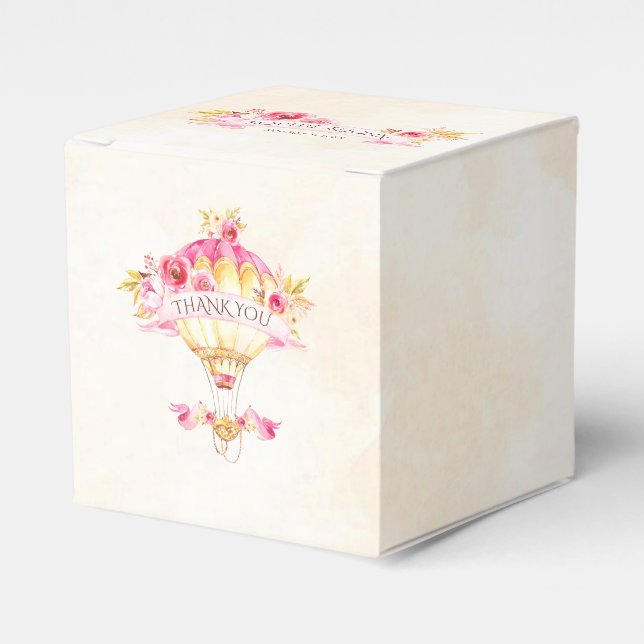 Hot Air Balloon Pink Gold Yellow Roses Favor Box (Front Side)