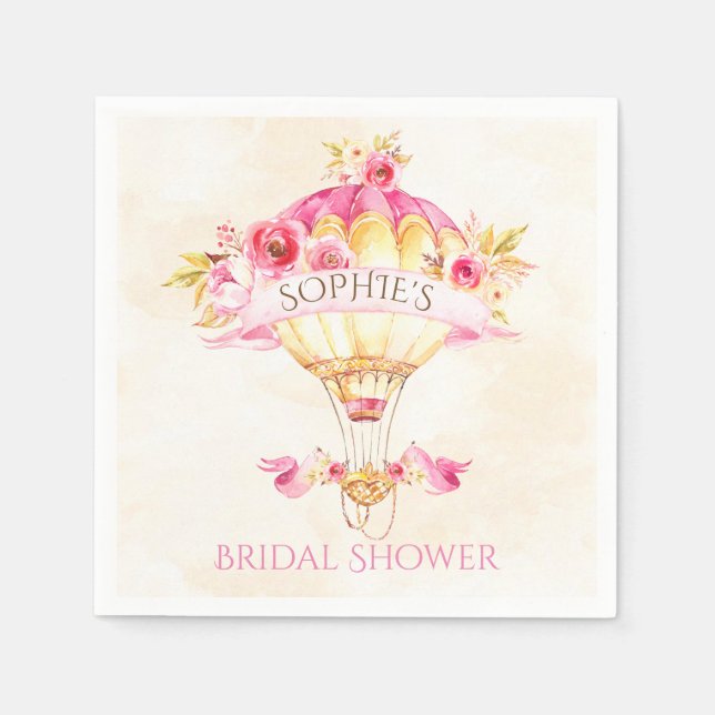 Hot Air Balloon Pink Gold Yellow Roses Napkin (Front)