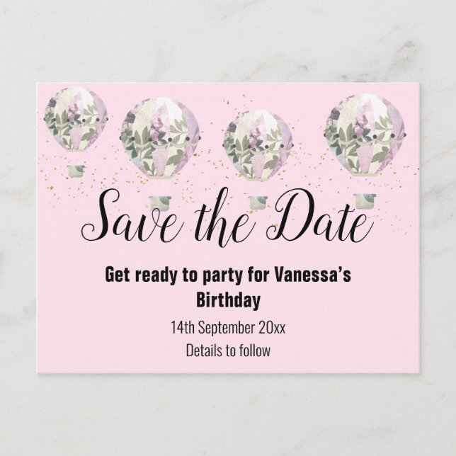 Hot Air Balloon Pink Save the Date Announcement Postcard (Front)