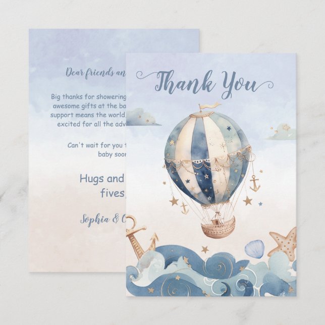 Hot Air Balloon Sea Waves Boy Baby Shower  Thank You Card (Front/Back)