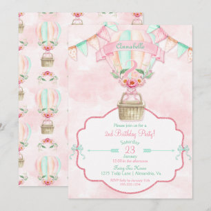Hot Air Balloon Second Birthday Pink Mint Peach Invitation