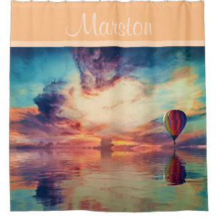 Hot Air Balloon Sunrise Name Peach Shower Curtain