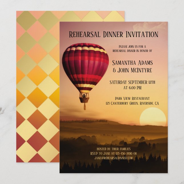 Hot Air Balloon Sunset Rehearsal Dinner Invitation (Front/Back)