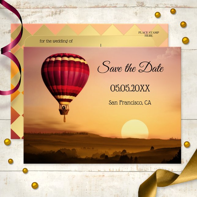 Hot Air Balloon Sunset Save the Date Postcard (A lovely romantic Save the Date postcard showing a hot air balloon over a dreamy landscape at sunset)