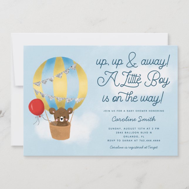Hot Air Balloon Teddy Bear Blue Baby Shower Invitation (Front)