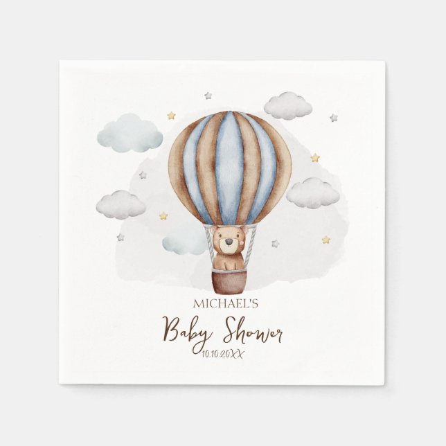 Hot Air Balloon Teddy Bear Clouds Baby Shower Napkin (Front)