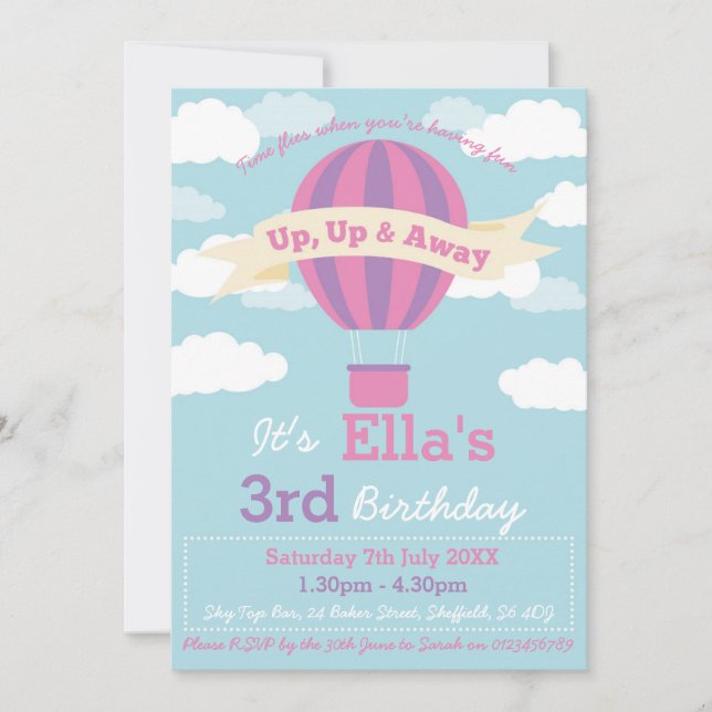 Hot Air Balloon themed birthday party invitation (Front)