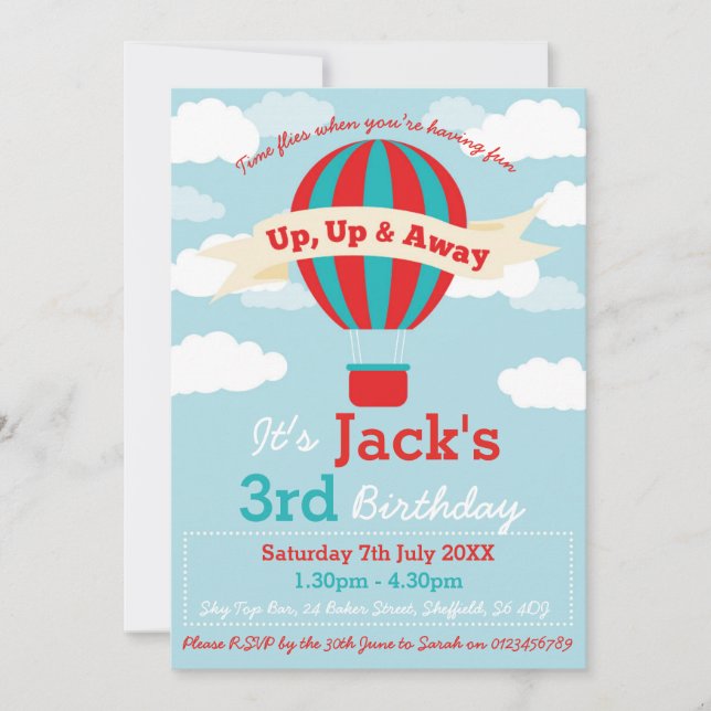 Hot Air Balloon themed birthday party invitation (Front)