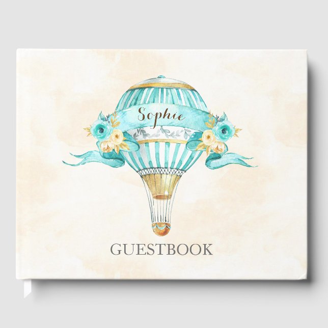 Hot Air Balloon Turquoise Gold Yellow Roses Guest Book (Front)