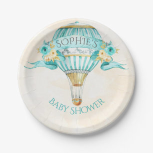Hot Air Balloon Turquoise Gold Yellow Roses Paper Plate