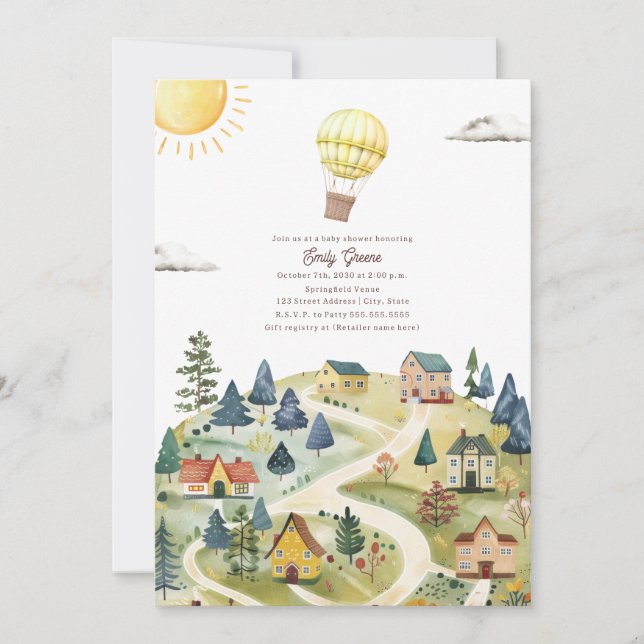 Hot Air Balloon Village Neutral Yellow Baby Shower Invitation (Front)
