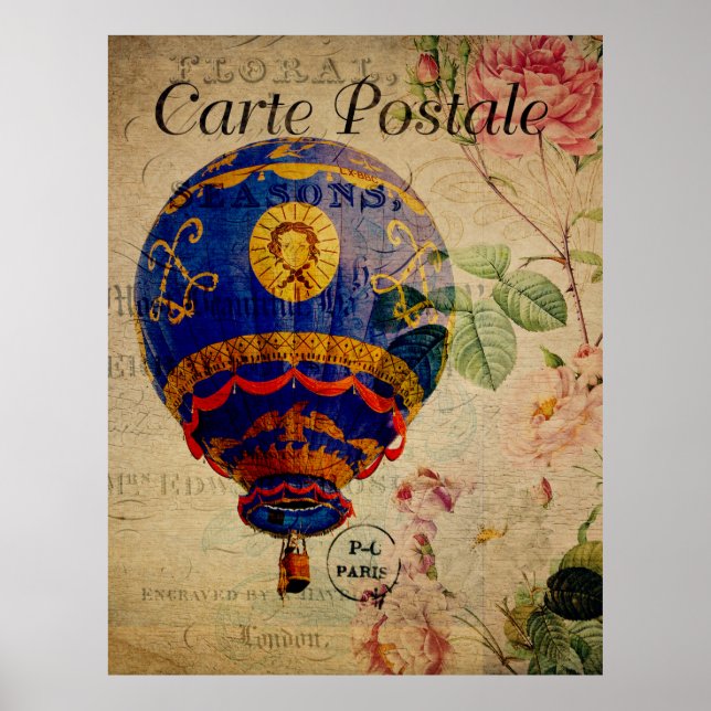 Hot Air Balloon Vintage French Postcard Poster (Front)