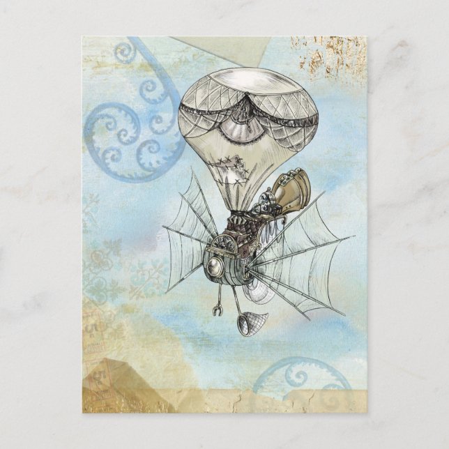 Hot Air Balloon Vintage Steampunk blue design Postcard (Front)