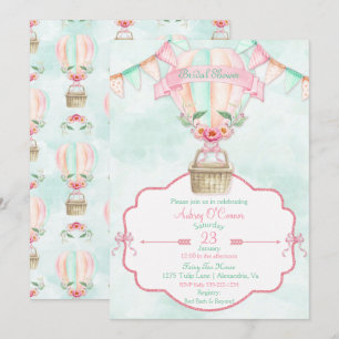 Hot Air Balloon Watercolor Pink Mint Peach Invitation