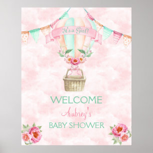 Hot Air Balloon Watercolor Pink Mint Peach Poster