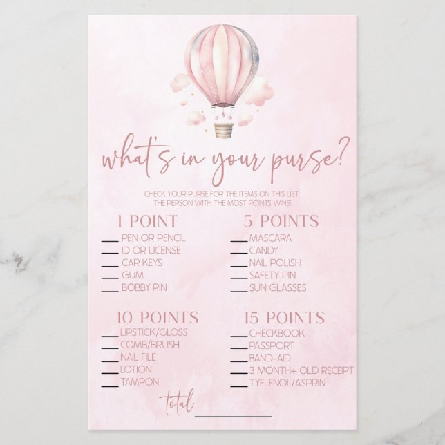 Hot Air Balloon What's In Purse Baby Shower Game (Front)