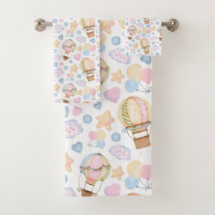 Hot Air Balloon Whimsical Watercolor Pattern Bath Towel Set