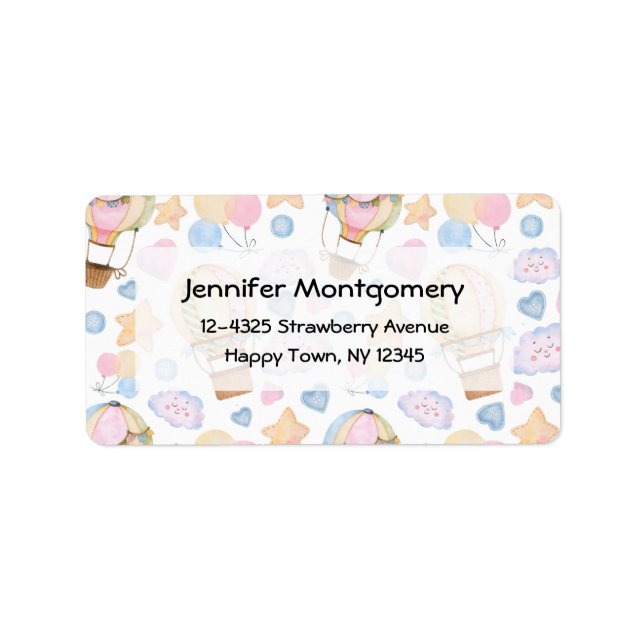 Hot Air Balloon Whimsical Watercolor Pattern Label (Front)