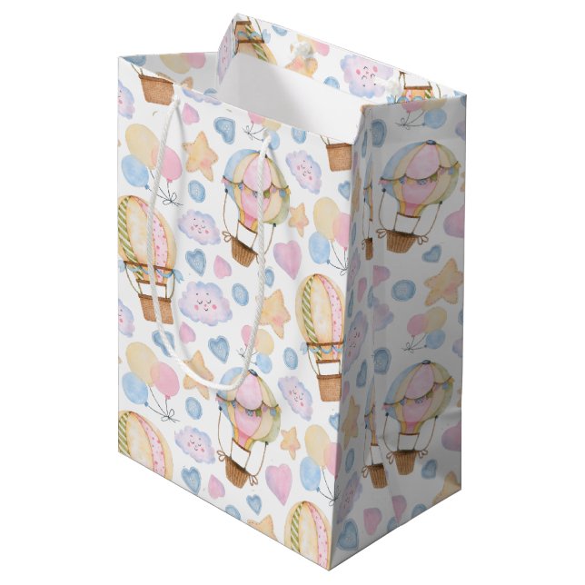 Hot Air Balloon Whimsical Watercolor Pattern Medium Gift Bag (Front Angled)