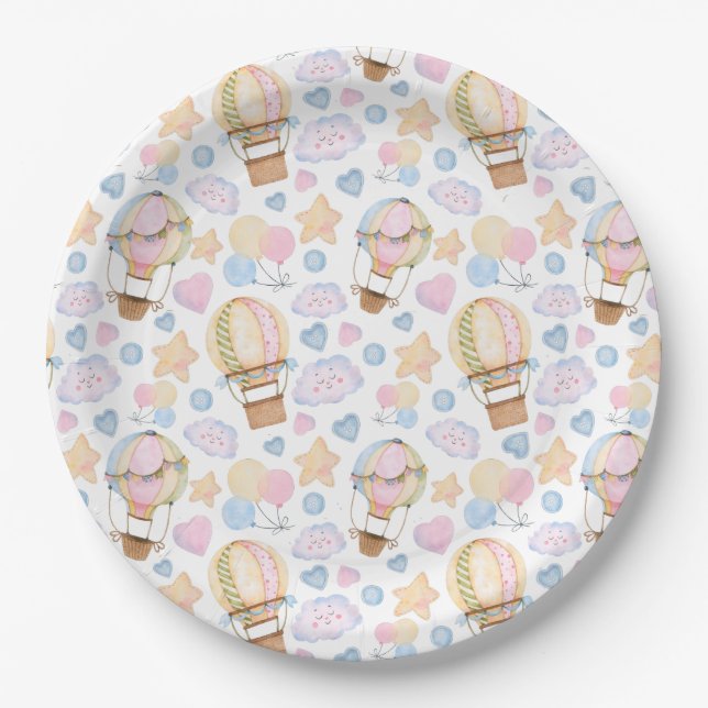 Hot Air Balloon Whimsical Watercolor Pattern Paper Plate (Front)
