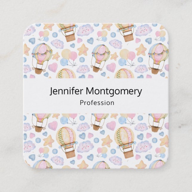 Hot Air Balloon Whimsical Watercolor Pattern Square Business Card (Front)