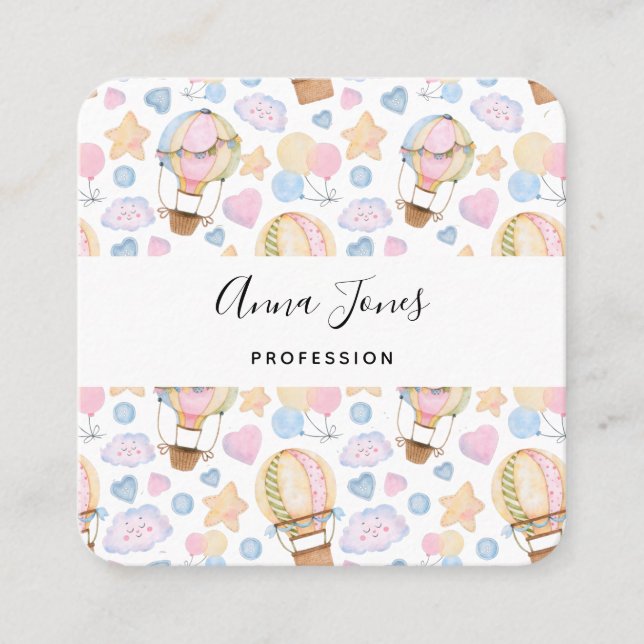 Hot Air Balloon Whimsical Watercolor Pattern Square Business Card (Front)