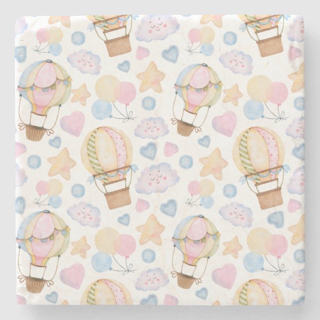 Hot Air Balloon Whimsical Watercolor Pattern Stone Coaster (Front)