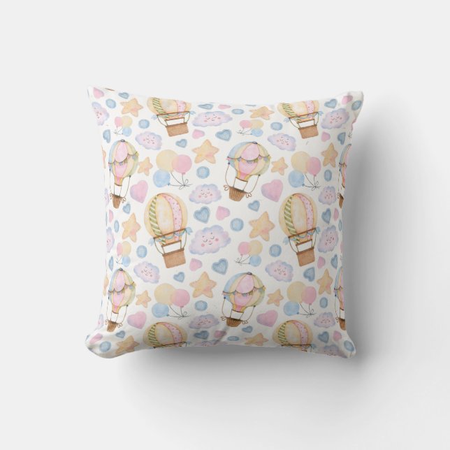 Hot Air Balloon Whimsical Watercolor Pattern Throw Pillow (Front)