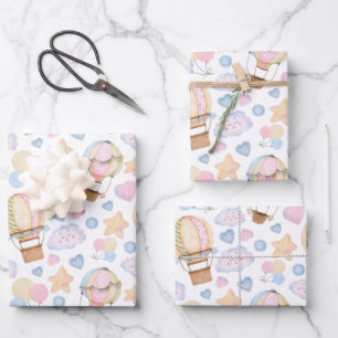 Hot Air Balloon Whimsical Watercolor Pattern Wrapping Paper Sheet