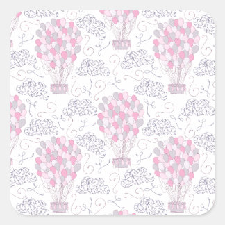 Hot air balloon with party balloons in pink square sticker