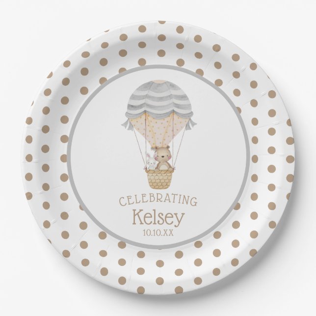 Hot Air Balloon Woodland Animals Baby Shower Paper Plate (Front)