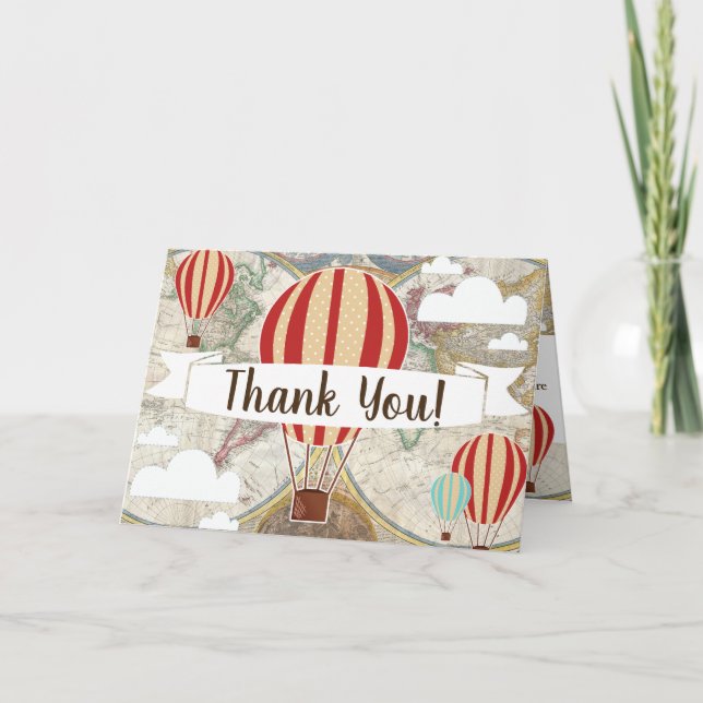 Hot Air Balloon & World Map Adventure Thank You Card (Front)