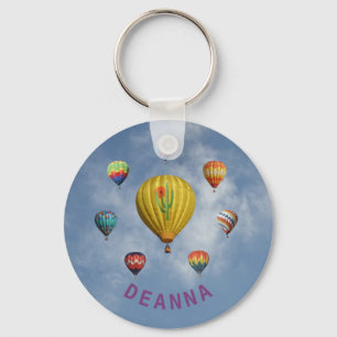 Hot Air Balloons Circle Whispy Clouds Purple Name Keychain