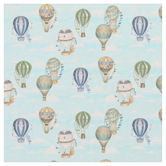 Hot Air Balloons Clouds Watercolor Pattern Fabric (Close Up)