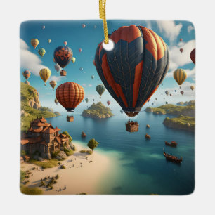 Hot Air Balloons Flying Over Island Ceramic Ornament