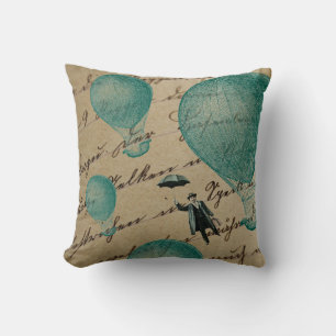 Hot Air Balloons Flying Umbrella Man Handwriting Throw Pillow