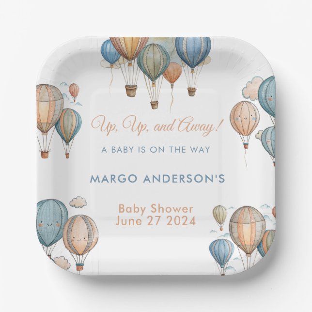 Hot Air Balloons Pastel Boy Travel Baby Shower Paper Plate (Front)