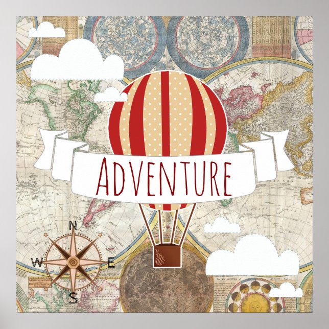 Hot Air Balloons Vintage World Adventure Poster (Front)