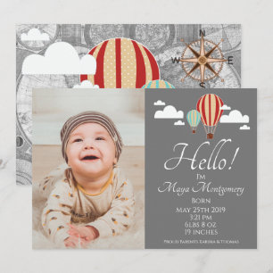 Hot Air Balloons & World Map Birth Announcement