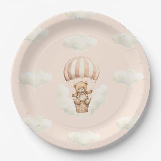 Hot Balloon Teddy Bear Girl Baby Shower Plates (Front)
