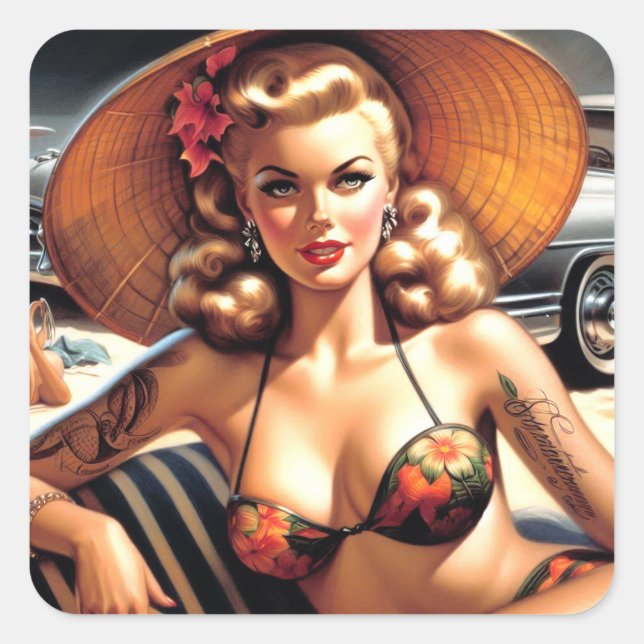 Hot Beach Pin-up Square Sticker (Front)