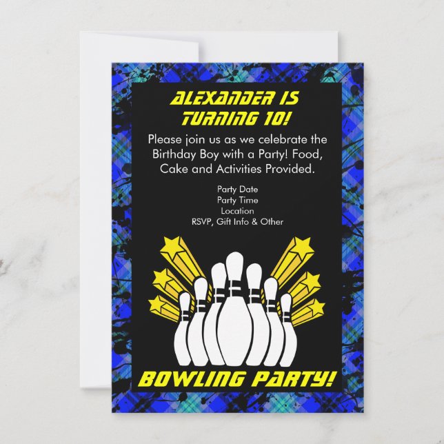 Hot Blue Boy Personalized Bowling Party Invitation (Front)