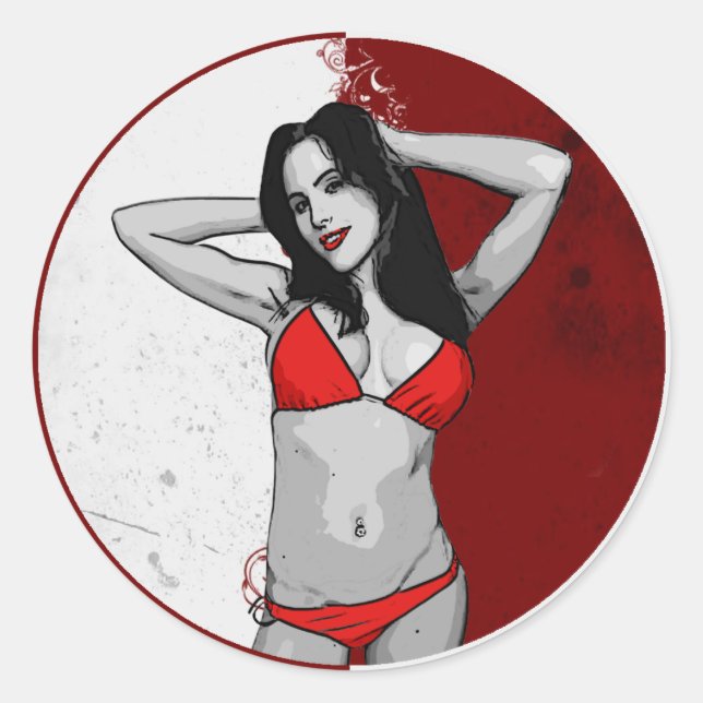 Hot Cartoon Bikini Babe Classic Round Sticker (Front)